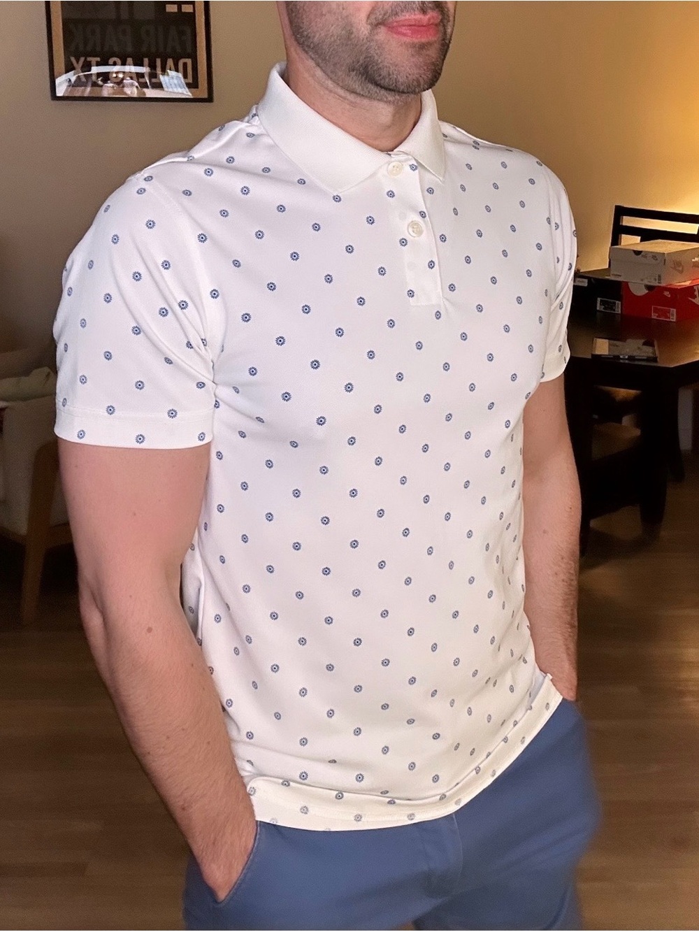 Classic Men’s White Polo with Blue Dot Print (Small)